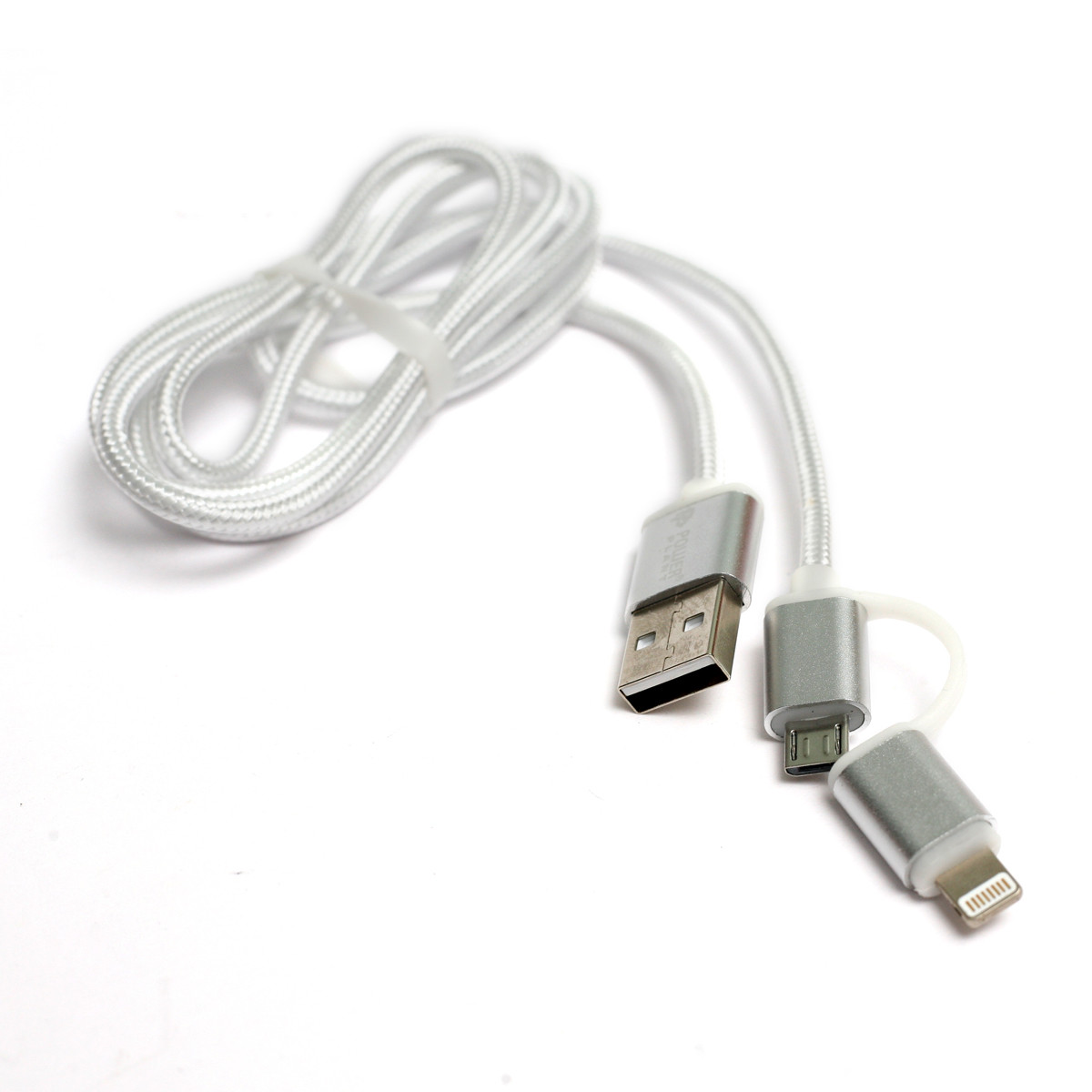 Kабель PowerPlant Quick Charge 2A 2-в-1 cotton USB 2.0 AM – Lightning/Micro 1м silver