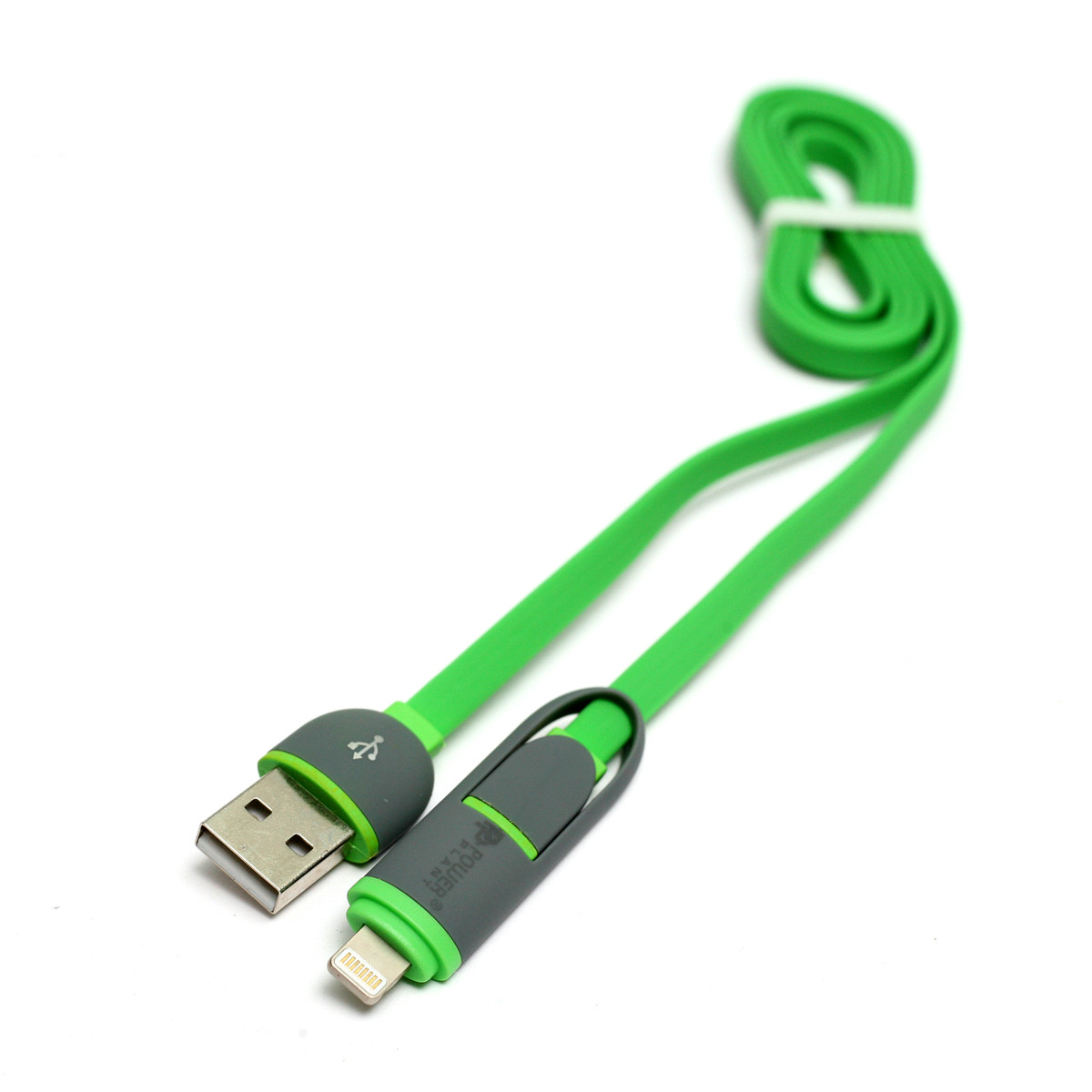 Kабель PowerPlant Quick Charge 2A 2-в-1 flat USB 2.0 AM – Lightning/Micro 1м green