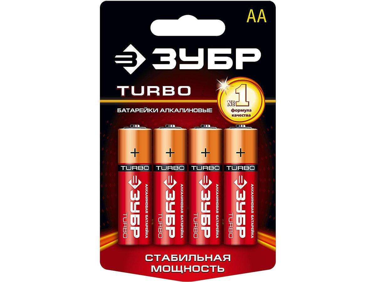 (59213-4C) Батарейка Зубр "СУПЕР" щелочная (алкалиновая), тип AA, 1,5В, 4шт на карточке