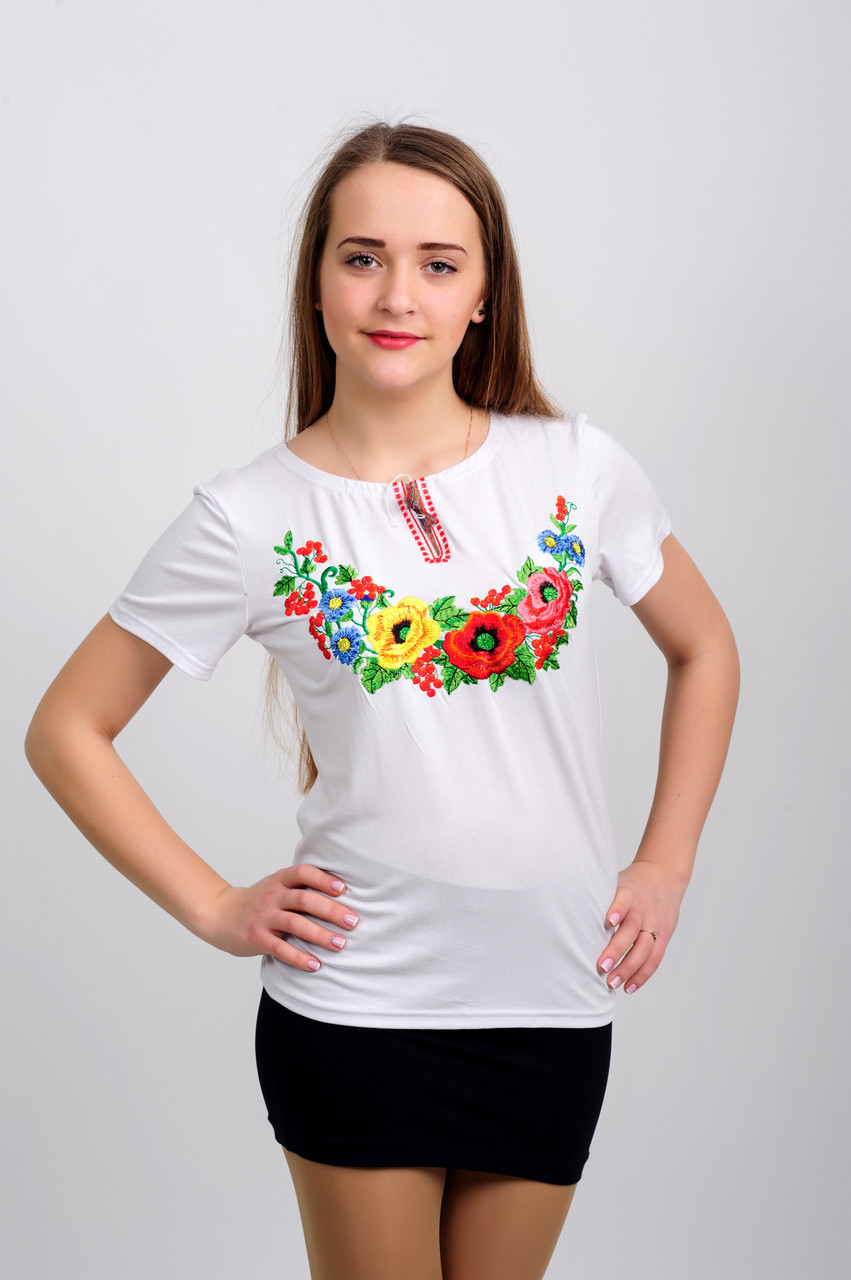 Женская вышитая футболка. Западный мак, белая - фото 1 - id-p50762467