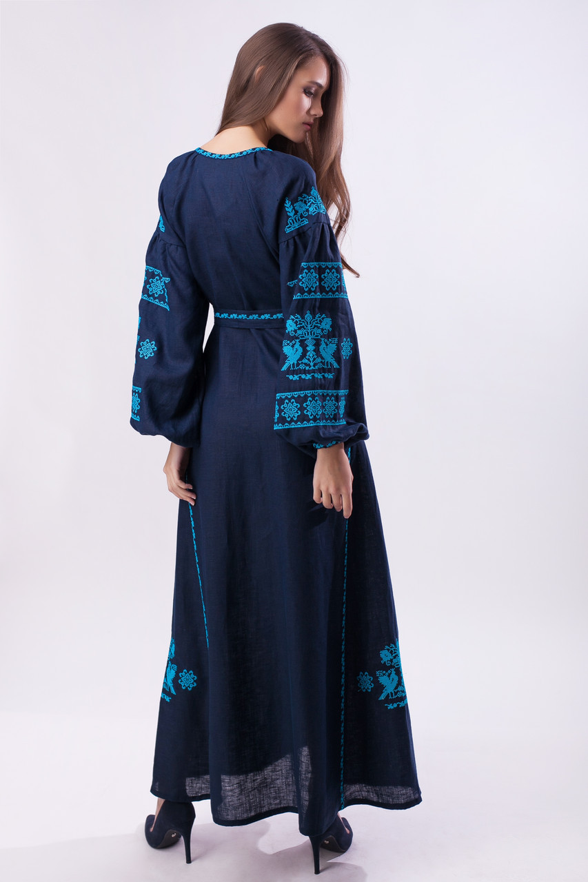 Вышитое платье "Волшебная Птица" синий лен берюзовая вышивка - фото 3 - id-p50763408