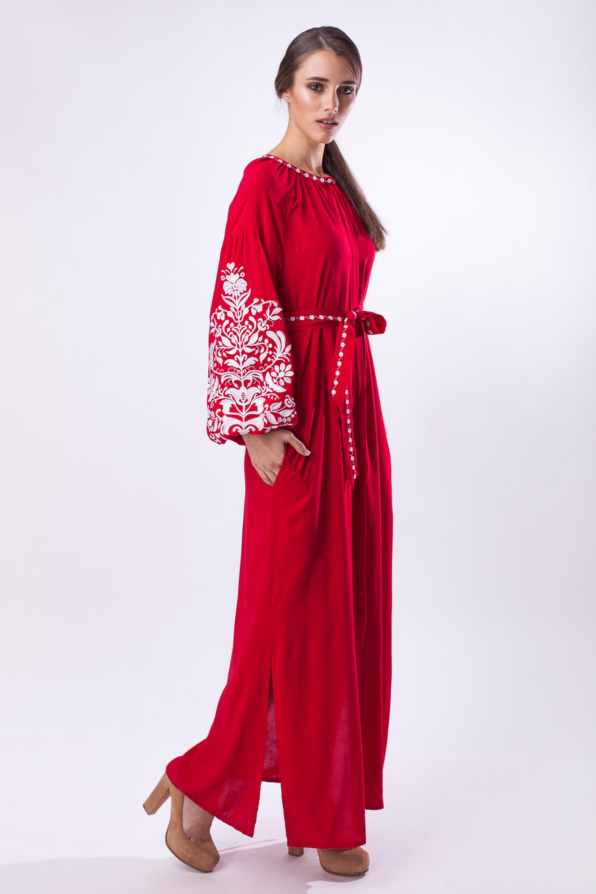 Красное платье ровоного кроя с белой вышивкой Дерево Жизни - фото 2 - id-p50763456
