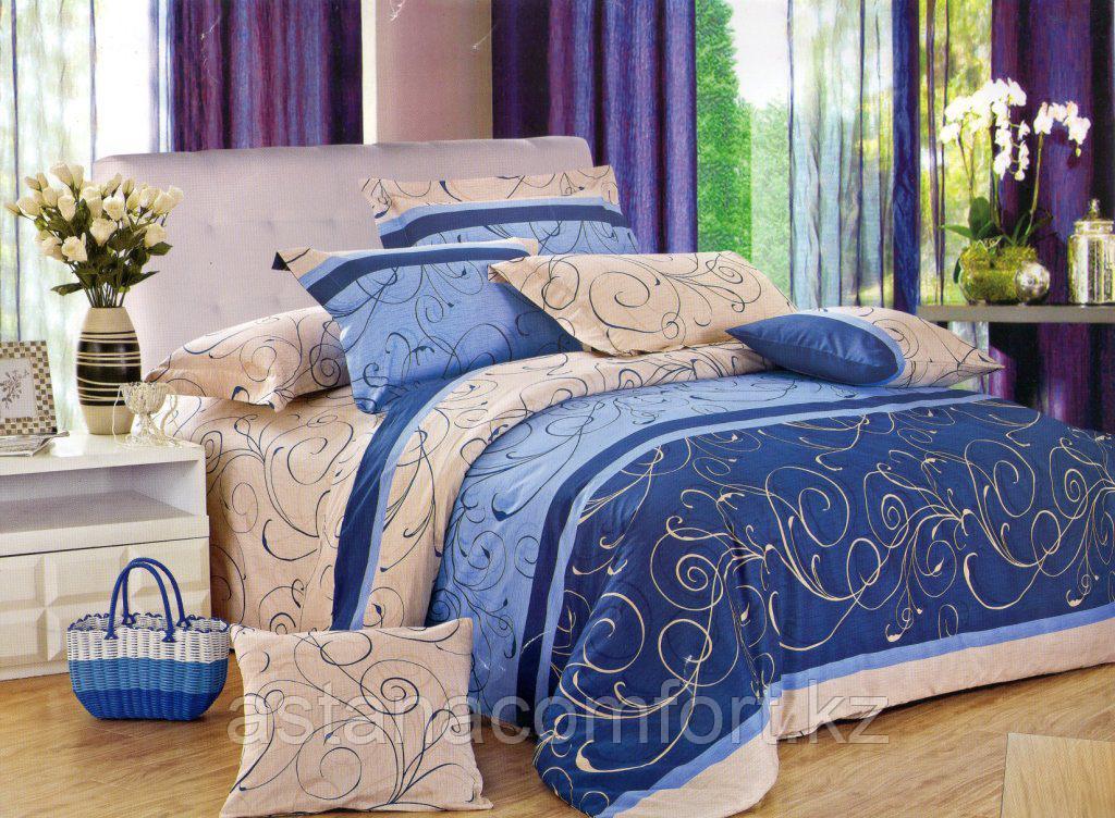 Комплект постельного белья "Вензель", сатин бежево-голубой, 1,5-спальный.