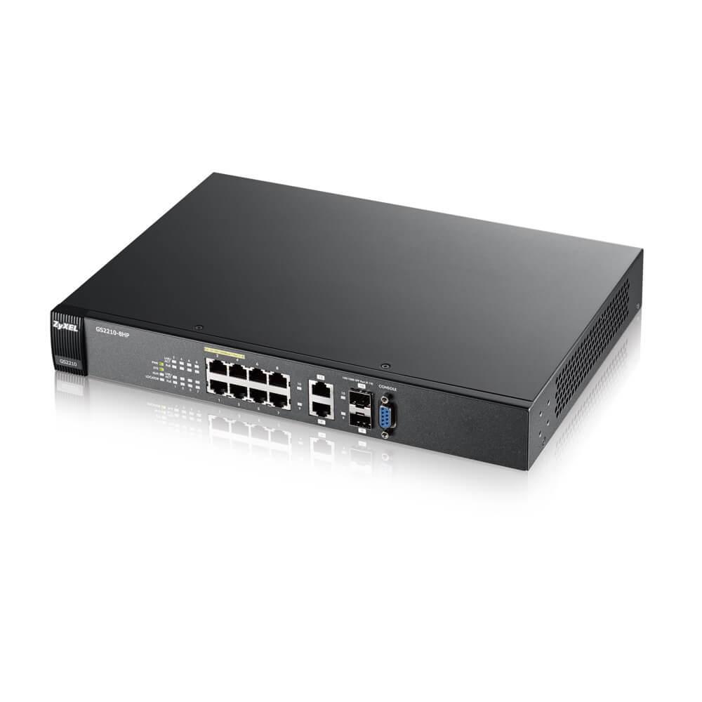 Zyxel GS2210-8HP L2 коммутатор PoE+ 8xGE PoE+, 2xCombo (SFP/RJ-45), настольный, бюджет PoE 180 Вт