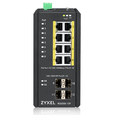 Zyxel RGS200-12P Промышленный L2 PoE+ коммутатор, 8xGE PoE+, 4xSFP, крепление на стену/DIN-рейку, IP30,