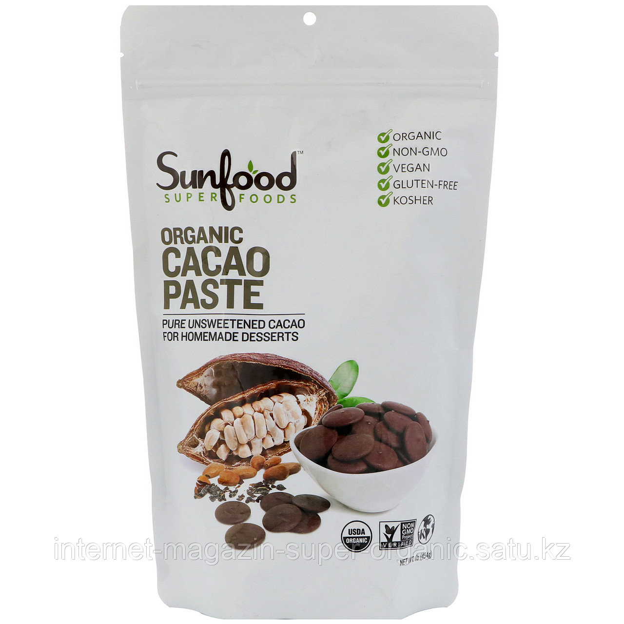 Какао-паста сырая органическая, 454 г (Organic Cacao Paste) Sunfood