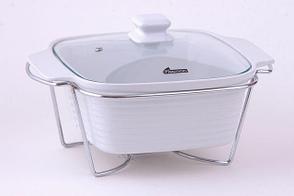 6010 FISSMAN Квадратный керамический мармит со стеклянной крышкой 28 х 9,5 см с подставкой для греющей свечи