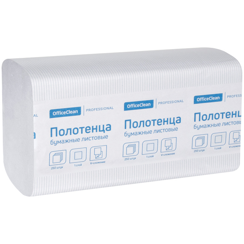 Полотенца бумажные лист. OfficeClean "Professional"(V-сл) 1 слойн., 250л/пач, 21*21,6,тиснение,белые - фото 1 - id-p52184845