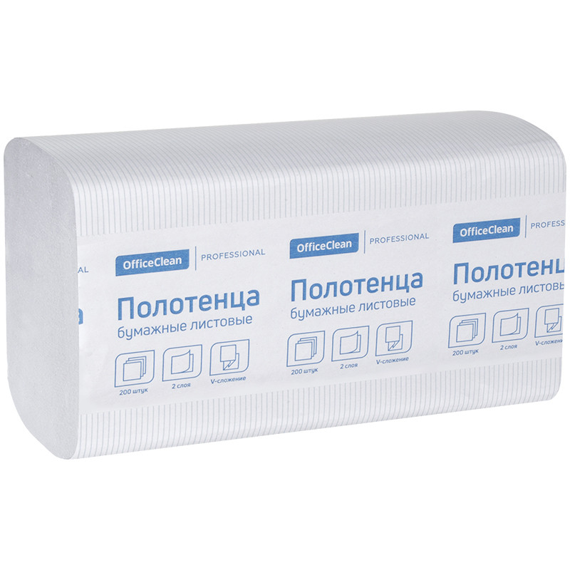 Полотенца бумажные лист. OfficeClean "Professional"(V-сл), 2-х слойн., 200л/пач, 21*21,6, тисн,белые