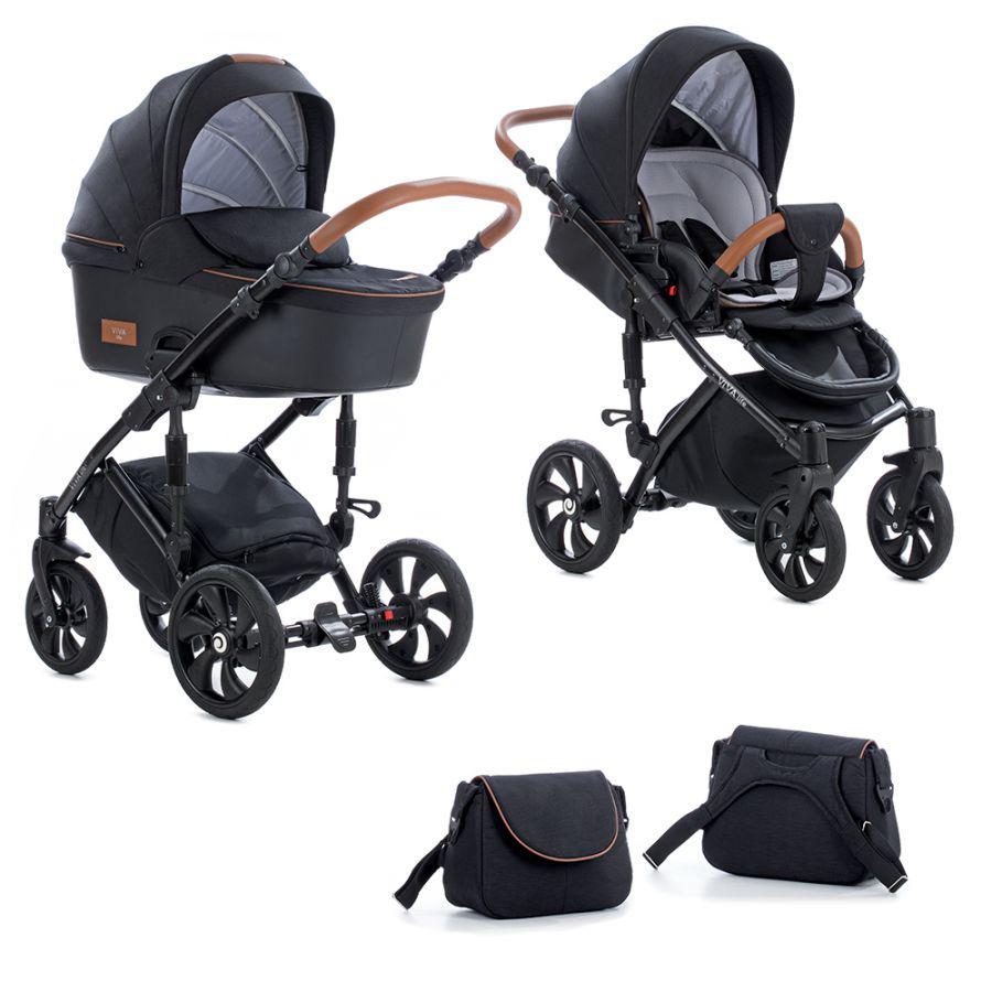 TUTIS Коляска VIVA LIFE 2 в1 короб+прогулка Черный муар + Кожа Антрацит