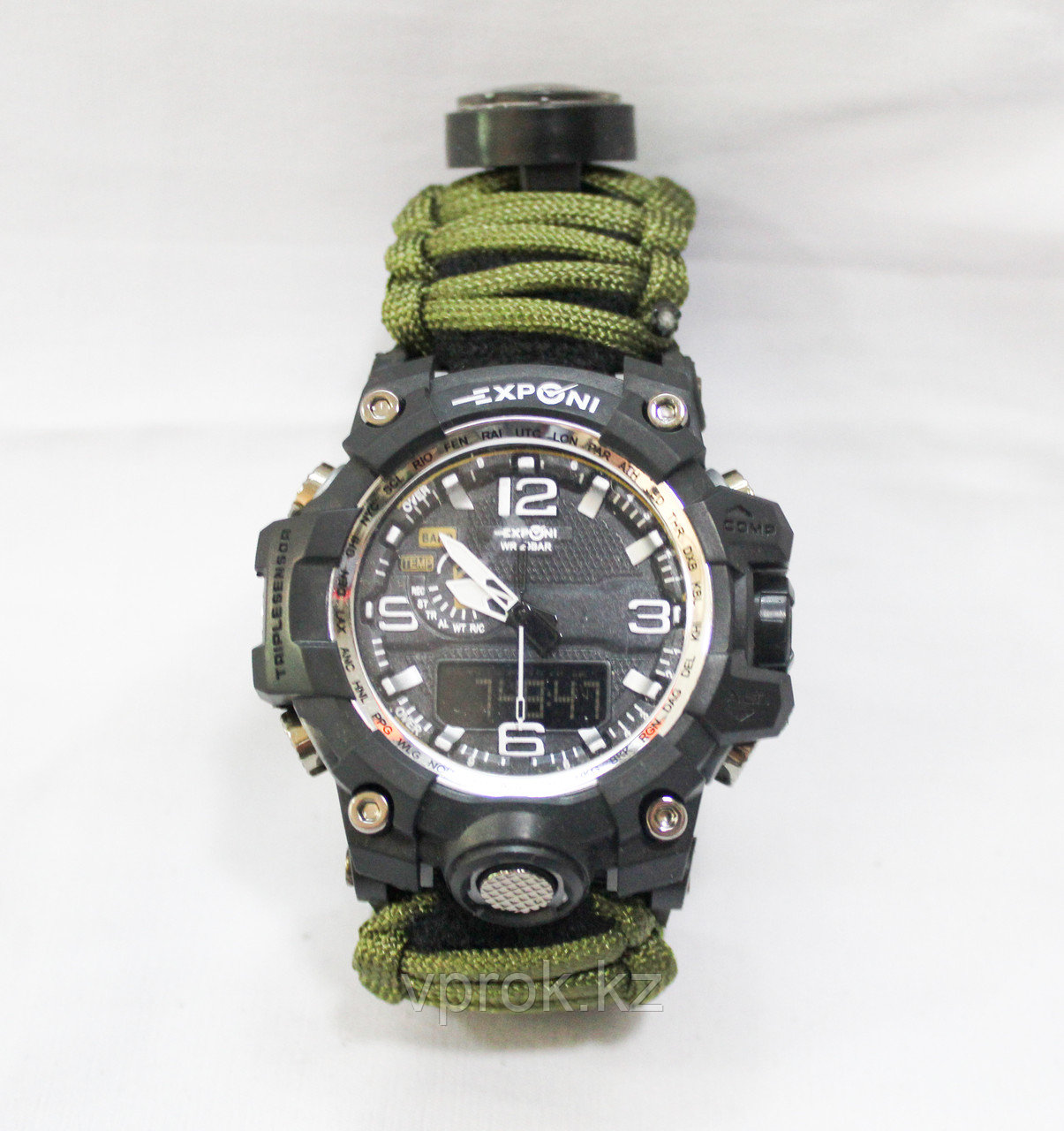 Часы с браслетом выживания из паракорда 3м + компас, огниво, свисток, зеленые - фото 1 - id-p52363841