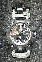 Часы с браслетом выживания из паракорда 3м + компас, огниво, свисток, белые