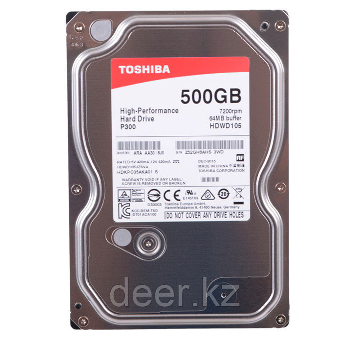 Жесткий диск Toshiba 500Gb, HDD, 3.5", 7200rpm, 64MB, SATA III 6Gb/s, HDWD105UZSVA