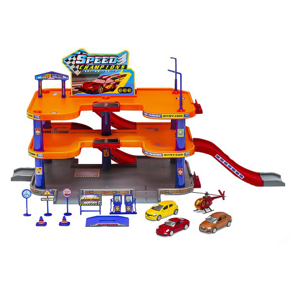 Welly 96050 Велли Игровой набор Гараж, 3 уровня, включает 3 машины и вертолет