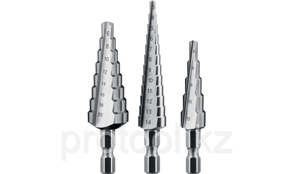 Набор ЗУБР ступенчатых сверл по сталям и цвет.мет.ст.Р6М5,d4-12мм,5 ступ. d 4-20 мм 9 ступ., d 4-30мм 14ступ. - фото 3 - id-p52917017