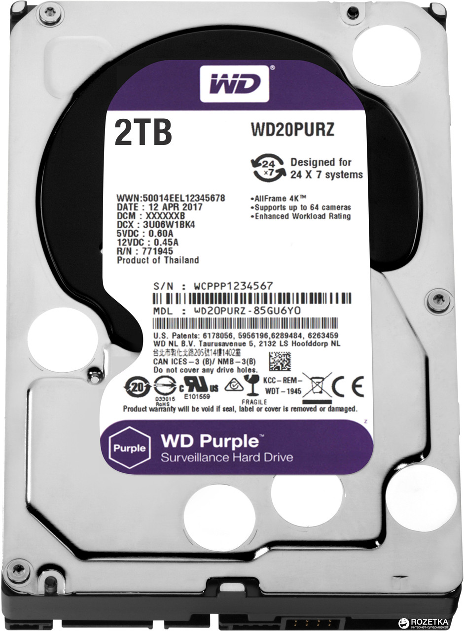 Western Digital WD20PURZ Жесткий диск для видеонаблюдения HDD 2 Tb Purple SATA 6Gb/s 64Mb 3,5" - фото 1 - id-p53193470
