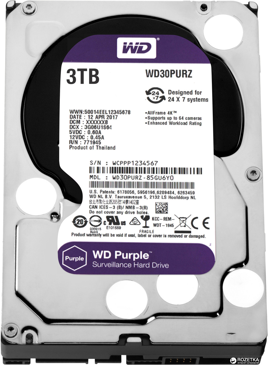 Western Digital WD30PURZ Жесткий диск для видеонаблюдения HDD 3Tb WD Purple SATA 6Gb/s 64Mb 3,5"