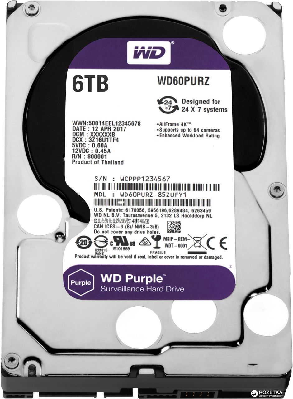 Western Digital WD60PURZ Жесткий диск для видеонаблюдения HDD 6Tb Purple SATA 6Gb/s 64Mb 3,5"