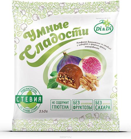 Конфеты "Умные сладости" инжир с грецким орехом в шоколадной глазури 210г, фото 1