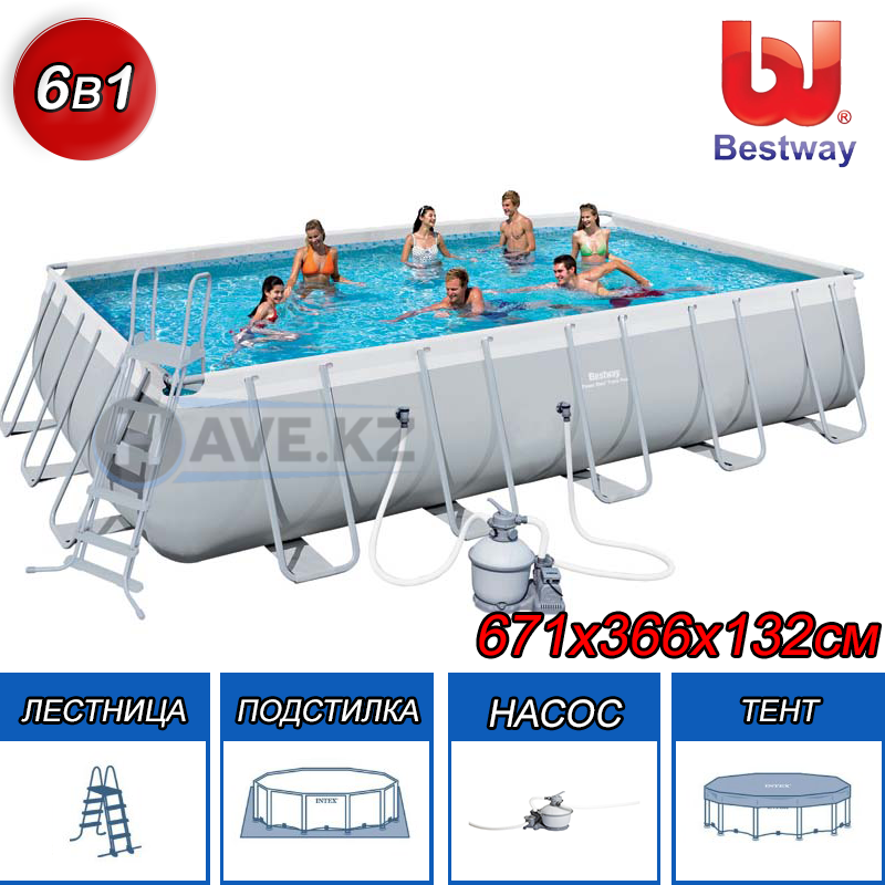 Каркасный бассейн Bestway 56471, Power Steel Rectangular, размер 671х366х132 см