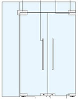 Стеклянные Двустворчатые Маятниковые Двери с фрамугой и боковой панелью.