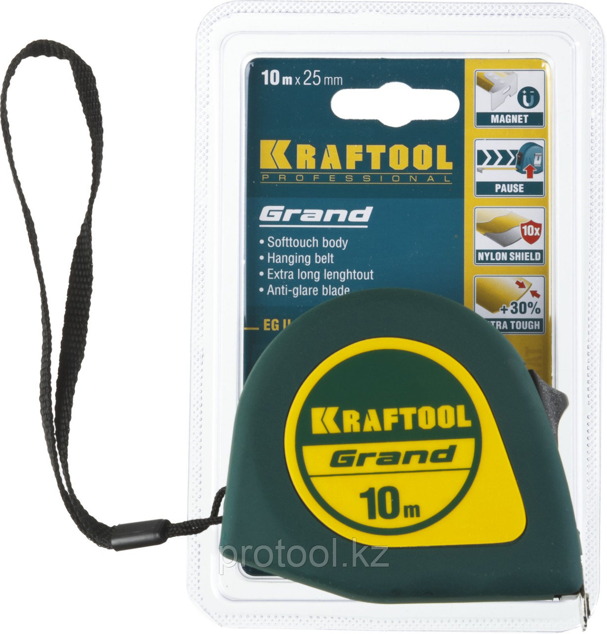 Рулетка KRAFTOOL GRAND, обрезиненный пластиковый корпус, 10м/25мм - фото 2 - id-p53657235