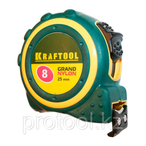 Рулетка KRAFTOOL "GRAND", двухкомпонентный корпус, двусторонняя шкала, нейлоновое покрытие, 8мх25мм