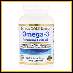 California Gold Nutrition, Omega-3, Premium Fish Oil, 100 капсул