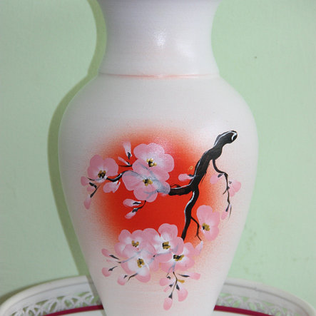 Керамическая ваза для цветов ручной работы"Сакура на оранжевом" , фото 2