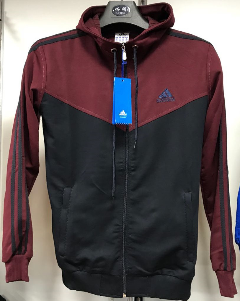 Костюм спортивный мужской Adidas с капюшоном черный-бордовый/черный - фото 1 - id-p54136389