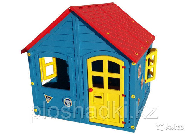 Детский игровой домик Синий, с крышей, ставнями, дверью