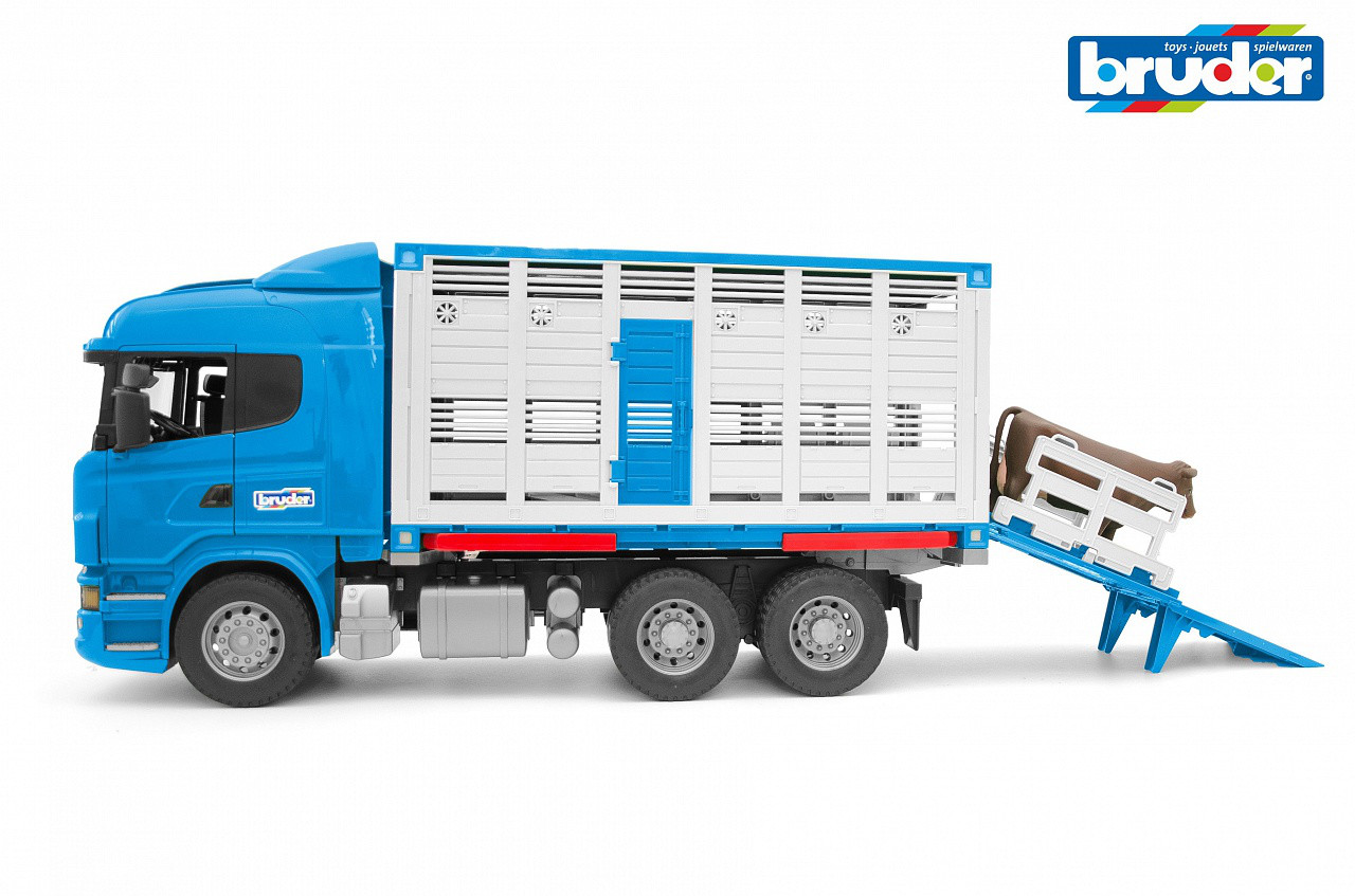 Bruder Игрушечный Грузовик для перевозки животных Scania с коровой (Брудер)