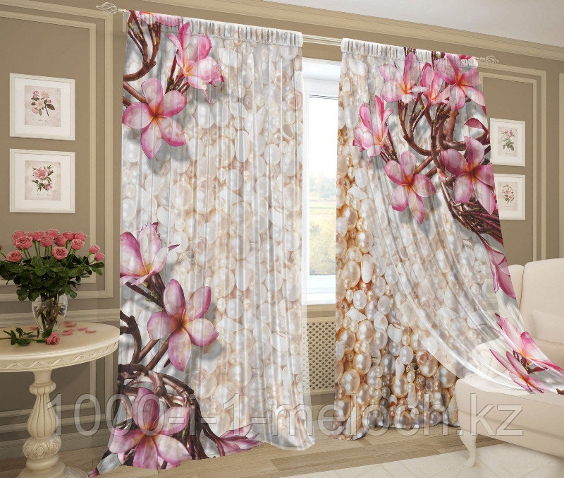 ФотоШторы- Дуэт 2 в 1. "Цветы и жемчуг" 3D. Россия. Алматы
