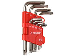 Набор ключей ЗУБР МАСТЕР имбусовые короткие, Cr-V, сатинированное покрытие, пластик. держатель, TORX Т10-Т50,