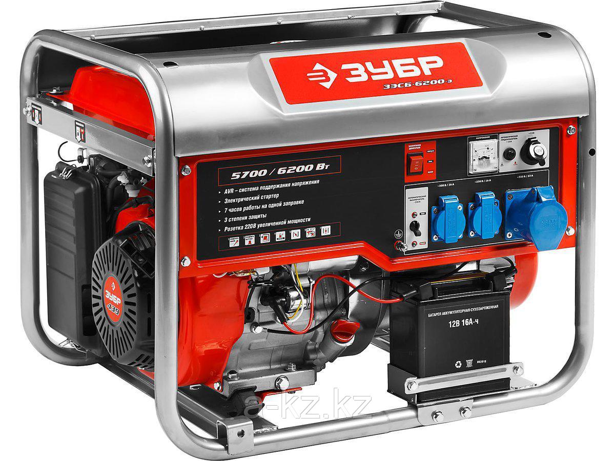 Бензиновый электрогенератор ЗУБР ЗЭСБ-6200-Э, двигатель 4-х тактный, ручной и электрический пуск, 6200/5700Вт,