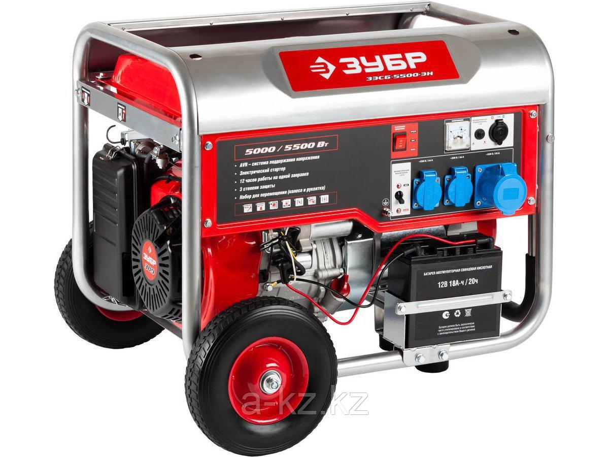 Бензиновый электрогенератор ЗУБР ЗЭСБ-5500-ЭН, двигатель 4-х тактный, ручной и электрический пуск, колеса +