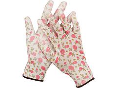 Перчатки садовые GRINDA, прозрачное PU покрытие, 13 класс вязки, бело-розовые, размер L, 11291-L