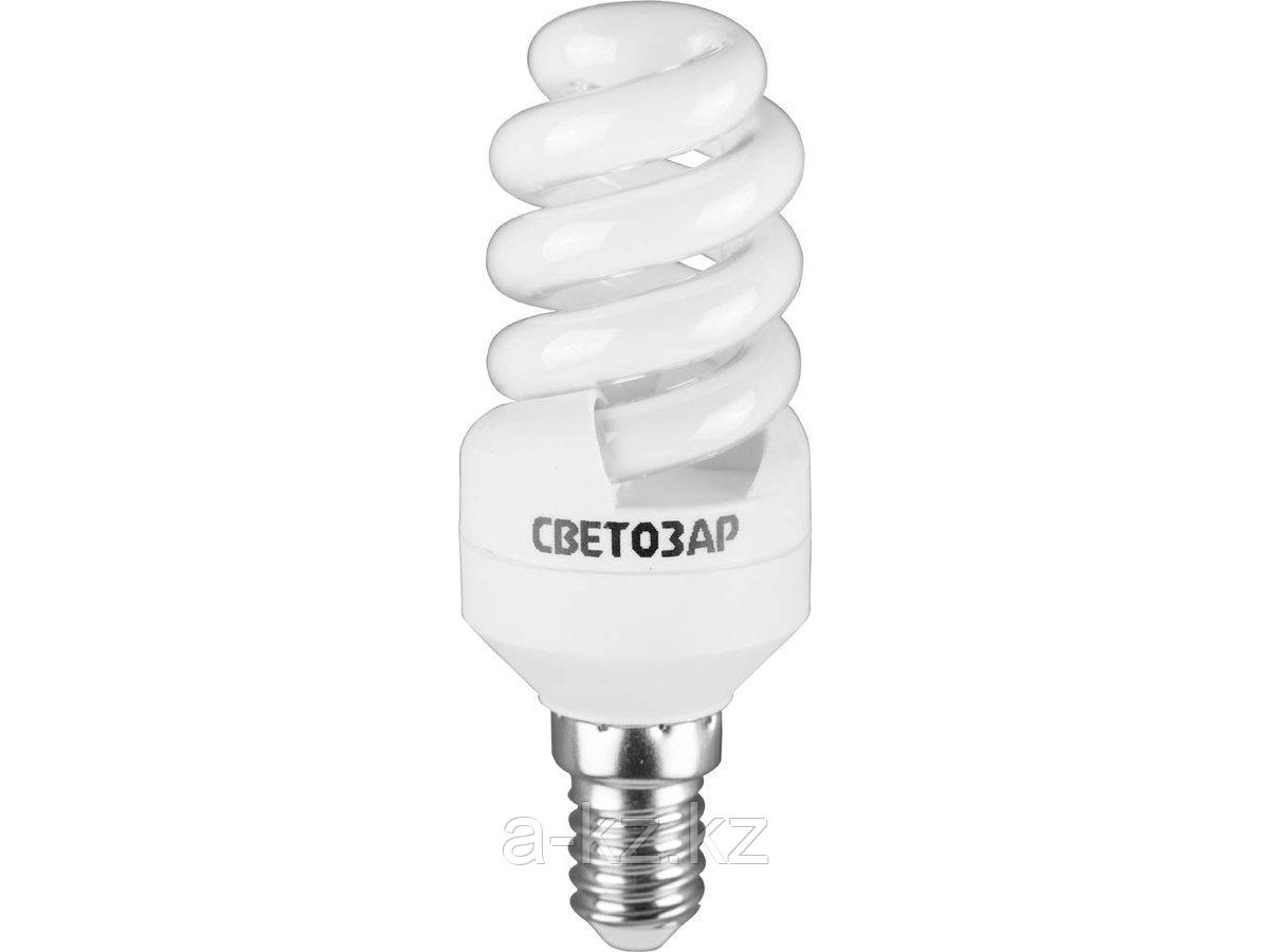 Энергосберегающая лампа, СВЕТОЗАР, КОМПАКТ спираль,цоколь E14(миньон),Т2,теплый белый свет(2700 К), 10000час,