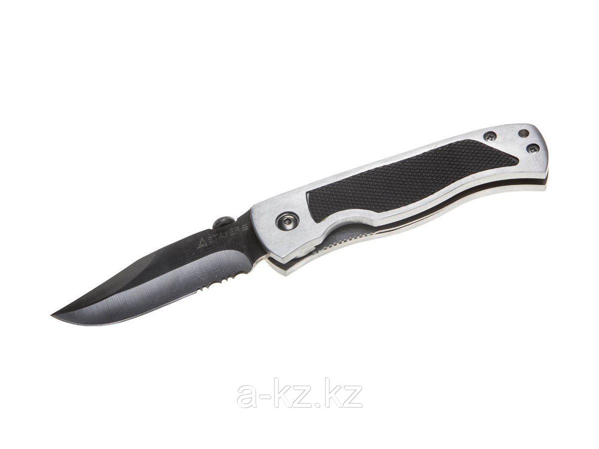 Нож STAYER складной, металлический корпус с резиновыми накладками, серрейторная заточка, большой, 47617_z01