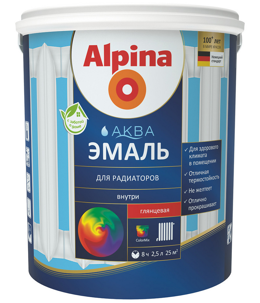 Эмаль акриловая водно-дисперсионная Alpina Аква эмаль для радиаторов 0,9 л/1,08 кг