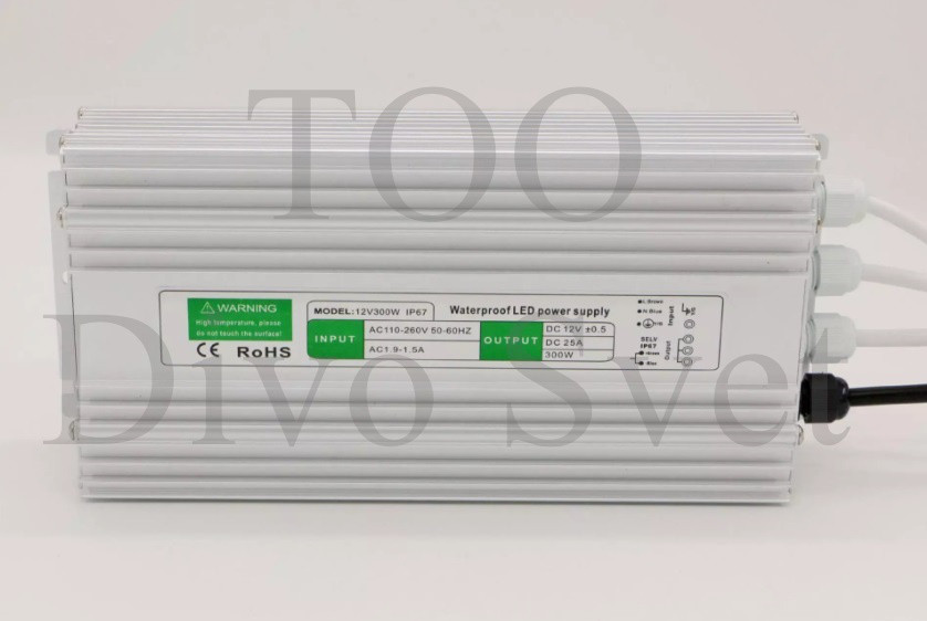 Блок питания 12V 25A 300W IP67, закрытый влагозащищенный. Трансформатор 220В-12В, 300 Ватт. Power supply 12v