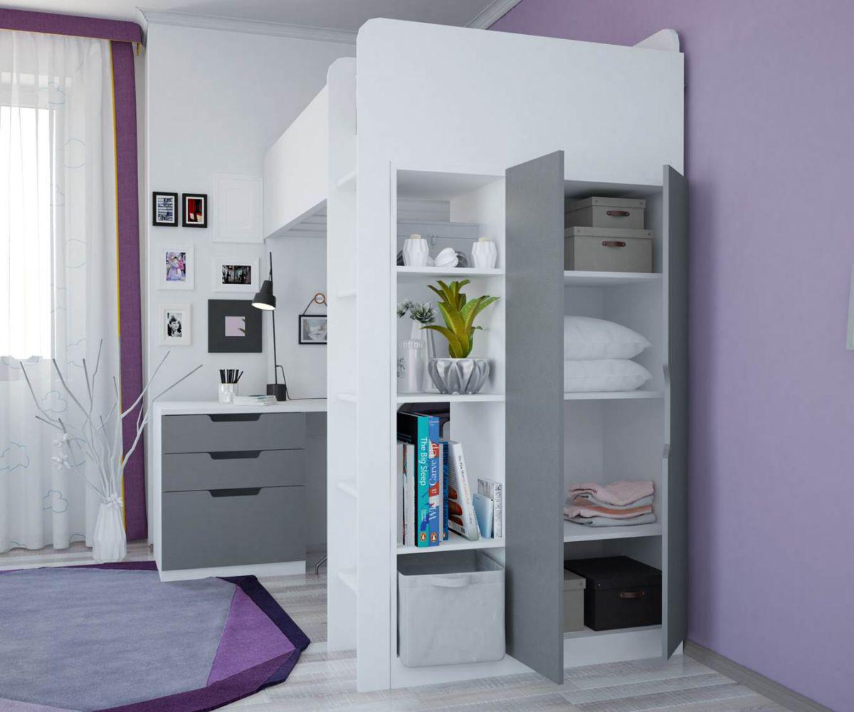 Кровать-чердак 5 в 1 Polini Simple с письменным столом и шкафом (белый-серый) - фото 1 - id-p55505685
