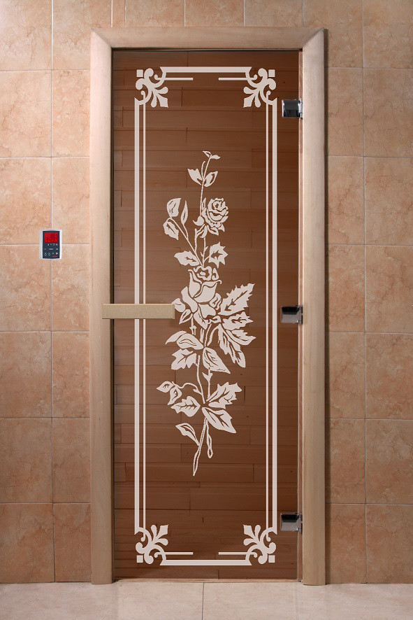 Дверь стеклянная банная "Розы", 3 петли,  стекло 8 мм, коробка Ольха