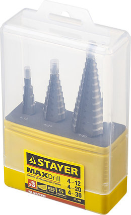 Набор STAYER "MASTER": Ступенчатые сверла по сталям и цвет.мет., сталь HSS, d=4-12мм,5 ступ. d 4-20 мм 9 ступ., фото 2