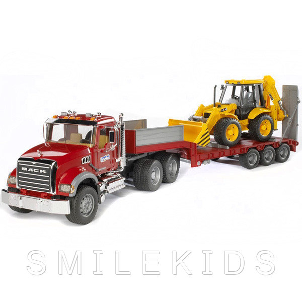 Тягач с прицепом–платформой MACK с колёсным экскаватором–погрузчиком JCB 4CX