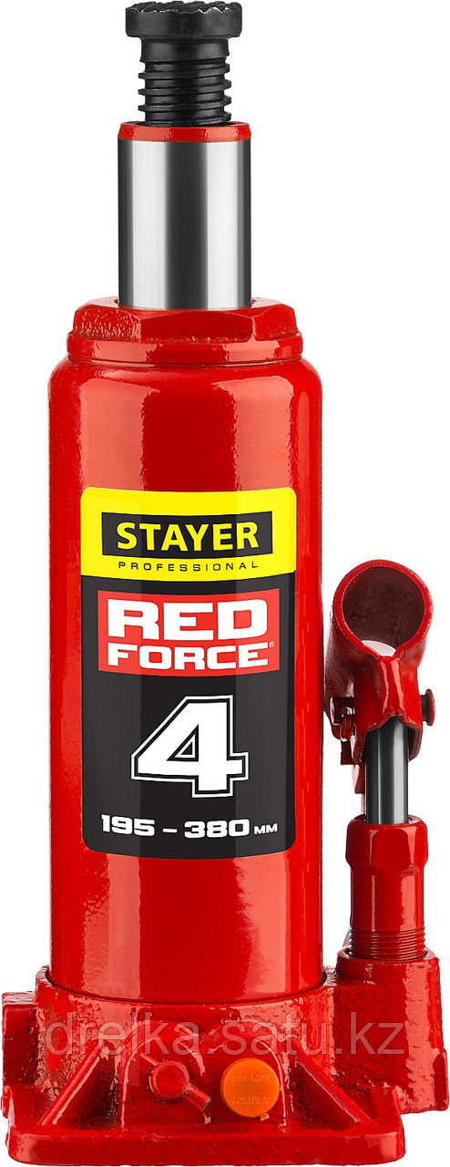 Домкрат гидравлический бутылочный "RED FORCE", 4т, 195-380 мм, STAYER 