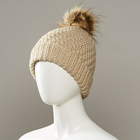 Combo Textured Knit Cuff Hat With Faux Fur Pom