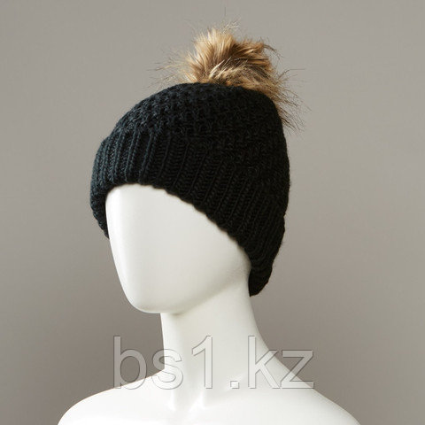 Combo Textured Knit Cuff Hat With Faux Fur Pom