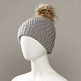 Combo Textured Knit Cuff Hat With Faux Fur Pom, фото 3