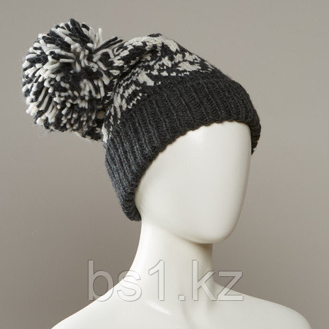 Stamp Cuff Slouch Jacquard Hat With Large Pom